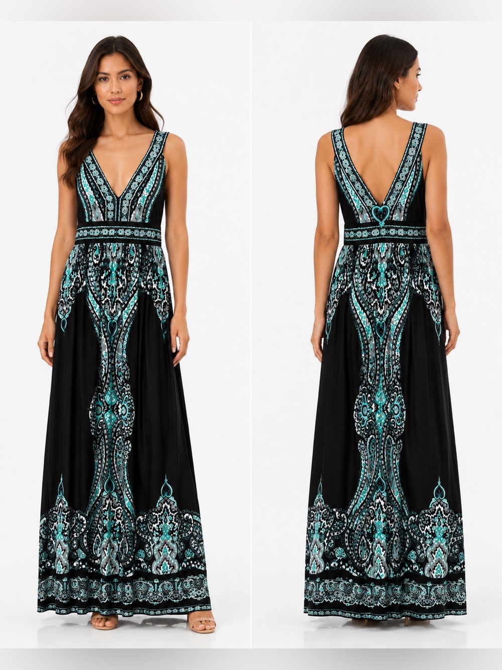 INC International Concepts Black Maxi Dress with Teal Paisley Print